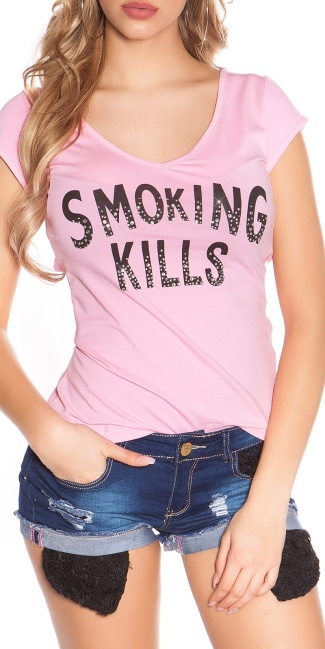 T-Shirt Smoking Kills with skull Pink